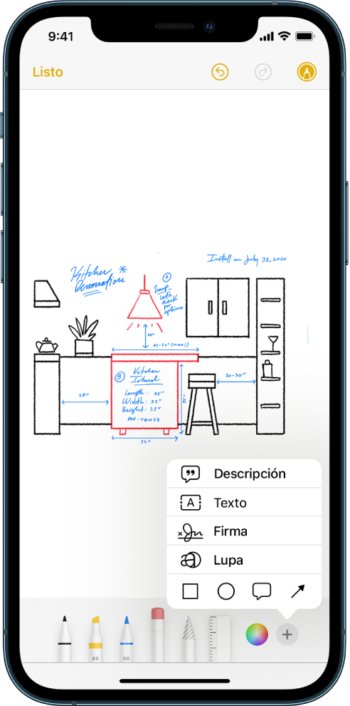 Un dibujo de la remodelación de una cocina que se muestra con las herramientas de Marcado en la parte inferior de la pantalla. En la esquina inferior derecha aparece un menú con opciones para agregar texto, una descripción, una firma, una lupa o figuras.