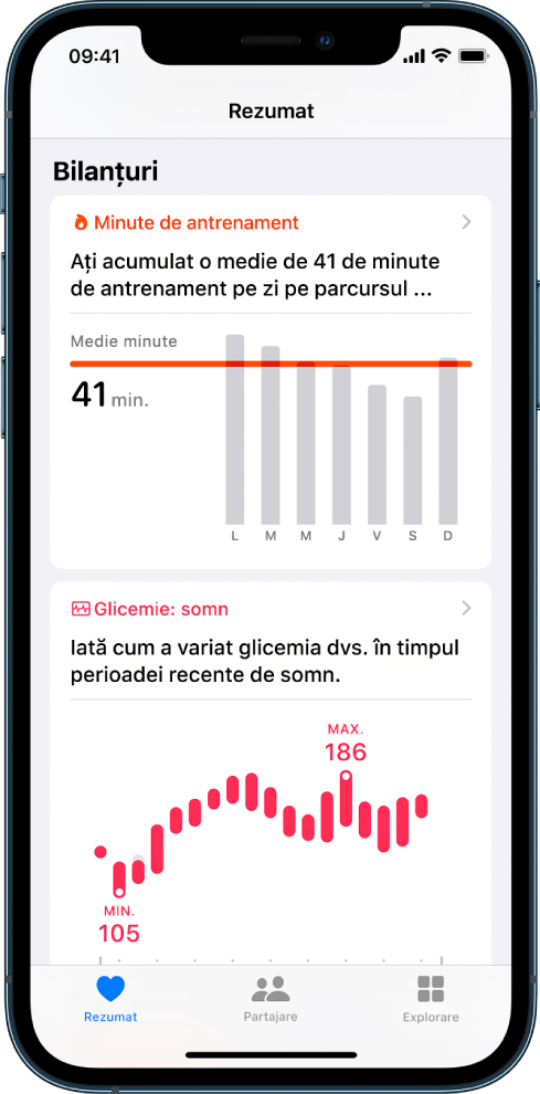 Ecranul Rezumat prezentând bilanțuri care includ minutele de antrenament și glicemia în timpul somnului.