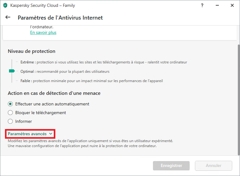 Les paramètres Antivirus Internet dans Kaspersky Internet Security ou Kaspersky Security Cloud