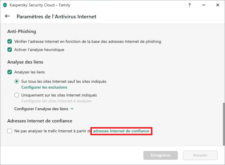 La liste des paramètres avancés de l'Antivirus Internet dans Kaspersky Internet Security ou Kaspersky Security Cloud