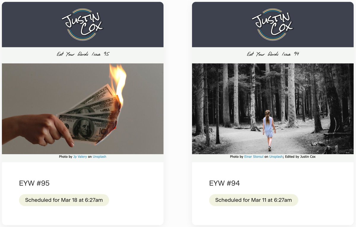 Screenshot of scheduled emails showing photos of burning money and a woman standing at a crossroad