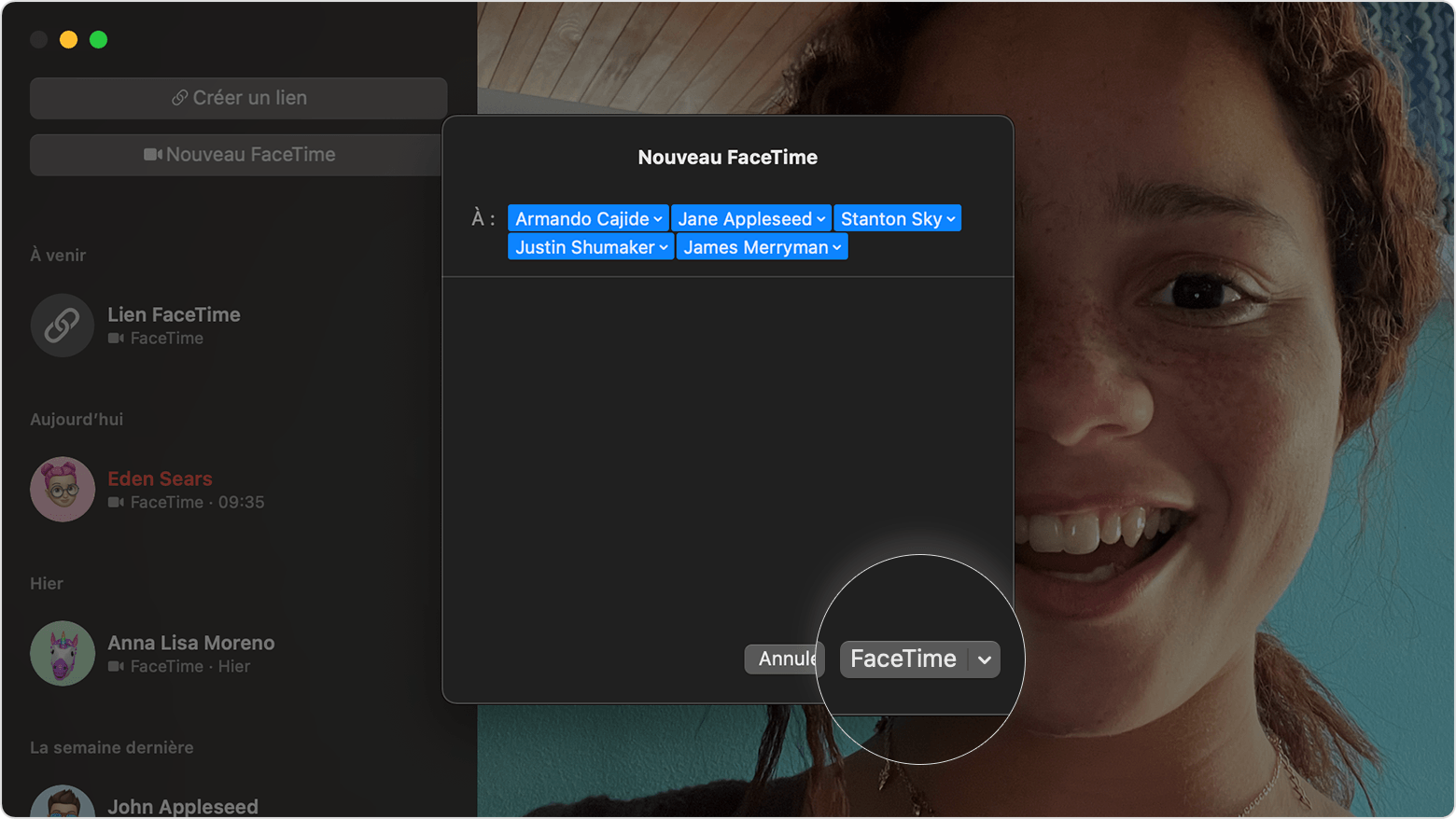 Démarrer un appel FaceTime avec un groupe de personnes : bouton FaceTime encerclé