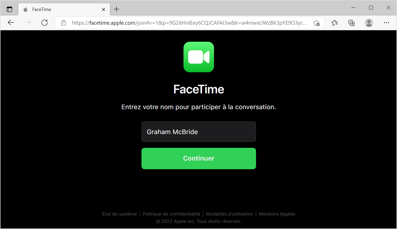 Fenêtre de navigateur FaceTime : entrer votre nom