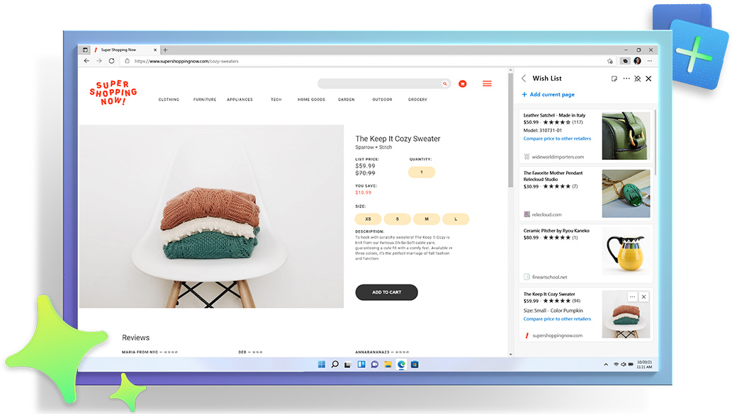 Окно браузера Microsoft Edge с изображением веб-страницы интернет-магазина и функции «Коллекции»