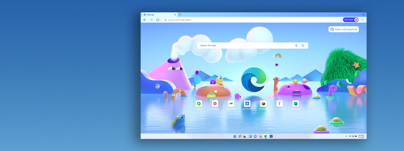 Главный экран браузера Microsoft Edge в детском режиме c изображением персонажей из различных мультфильмов