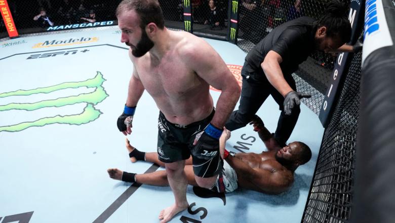 Azamat Murzakanov of Russia reacts after knocking out Tafon Nchukwi of Cameroon in their light heavyweight fight during the UFC Fight Night event at UFC APEX on March 12, 2022 in Las Vegas, Nevada. (Photo by Chris Unger/Zuffa LLC)