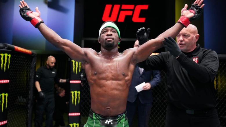 Sodiq Yusuff of Nigeria reacts after defeating Alex Caceres in their featherweight fight during the UFC Fight Night event at UFC APEX on March 12, 2022 in Las Vegas, Nevada. (Photo by Chris Unger/Zuffa LLC)