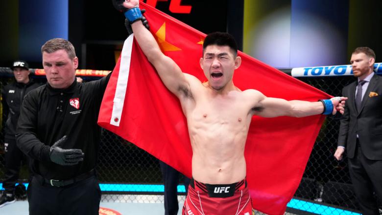 Song Yadong of China reacts after his knockout victory over Marlon Moraes of Brazil in their bantamweight fight during the UFC Fight Night event at UFC APEX on March 12, 2022 in Las Vegas, Nevada. (Photo by Chris Unger/Zuffa LLC)