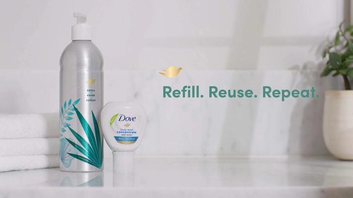 Dove’s new concentrated body wash which comes with a reusable aluminium bottle and small, recyclable refill bottles