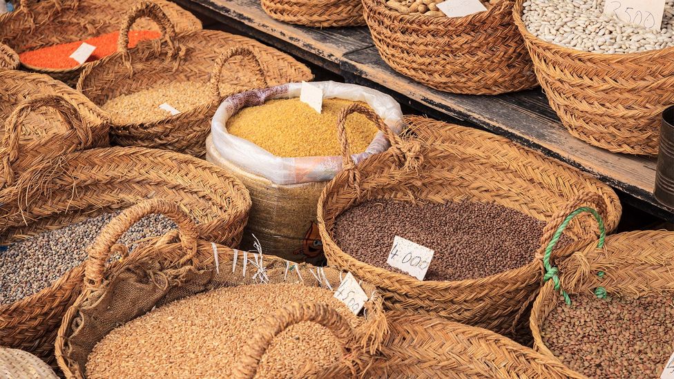 Baskets of colourful grains