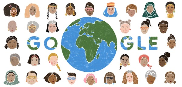 llustration from the 2022 International Women’s Day Doodle, showing dozens of female faces around the word Google. The second “O” is replaced by a globe and the remaining letters are a mix of blue and green similarly to the globe.