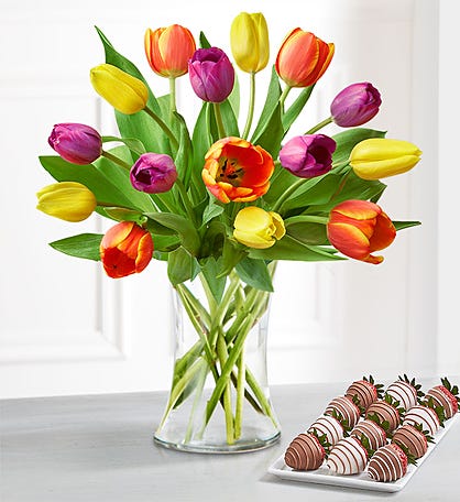 Deliciously Decadent™ Assorted Tulips & Drizzled Strawberries