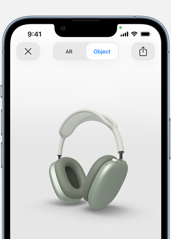 Afbeelding van groene AirPods Max in AR-scherm op iPhone.