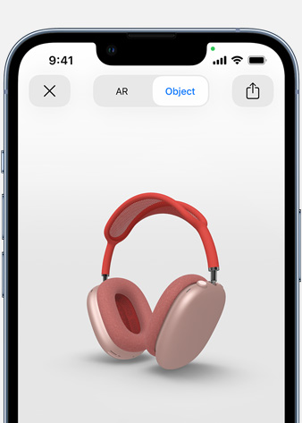 Image shows Pink AirPods Max in Augmented Reality screen on iPhone.