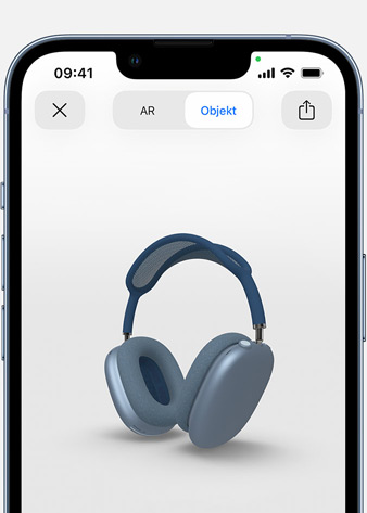 Bild der AirPods Max in Sky Blau in Augmented Reality auf dem iPhone.