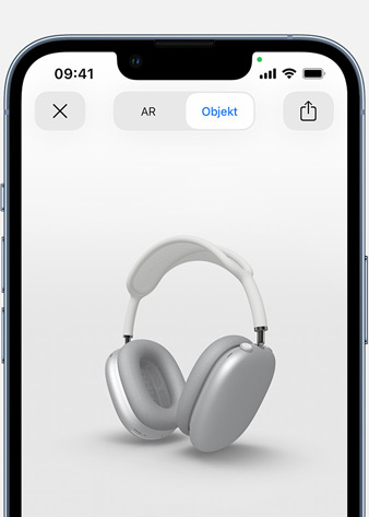 Bild der AirPods Max in Silber in Augmented Reality auf dem iPhone.