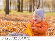 little baby in sunny autumn park. Стоковое фото, фотограф Майя Крученкова / Фотобанк Лори