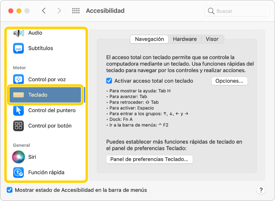 El panel “Navegación del teclado” de las preferencias de Accesibilidad mostrando la opción “Acceso total con teclado” activada. En la lista de paneles de la barra lateral, Teclado se destaca y resalta con “Acceso total con teclado”.