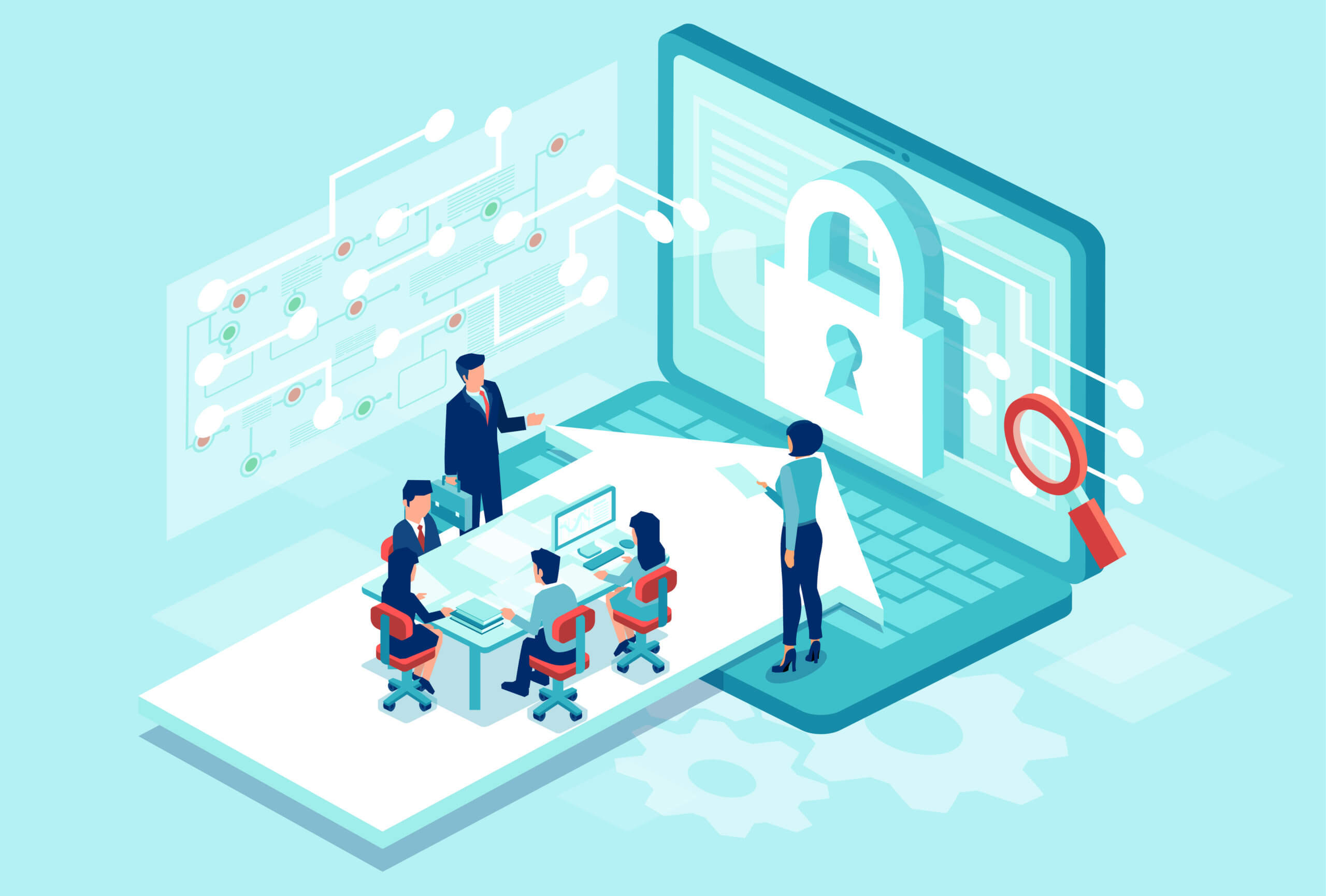 Isometric vector of a team working designing new software to protect personal data, hardware vs software firewalls concept