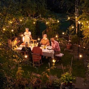 Group of friends dining outdoors under string lights