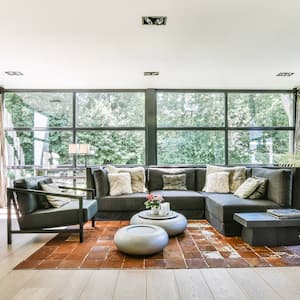 A spacious living room with large windows