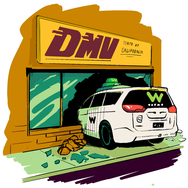 illustration of A car with the waymo logo on the back, crashed into a california dmv office