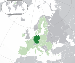  Tysklands placering  (mørkegrøn) – på det europæiske kontinent  (lysegrøn og mørkegrå) – i den Europæiske Union  (lysegrøn)  –  [Forklaring]