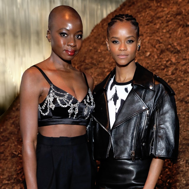 Image may contain Human Person Clothing Apparel Danai Gurira Letitia Wright Jacket Coat and Fashion