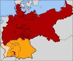 The North German Confederation (red). The southern German states that joined in 1870 to form the German Empire are in orange. Alsace-Lorraine, the territory annexed following the Franco-Prussian War of 1870, is in tan. The red territory in the South marks the original princedom of the House of Hohenzollern, rulers of the Kingdom of Prussia.