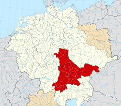 Duchy of Bavaria (red, including the Austrian march) within the Holy Roman Empire circa 1000.