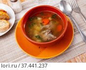 Soup in pork broth with potatoes, carrots, onions and herbs. Стоковое фото, фотограф Яков Филимонов / Фотобанк Лори