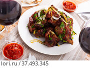 Barbecued pork shashlik with onion and herbs. Стоковое фото, фотограф Яков Филимонов / Фотобанк Лори