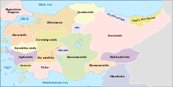 Map of the Anatolian beyliks around 1330. Dulkadir was located in south east Anatolia.