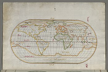 خريطة العالم في إطارٍ بيضوي من مطلع كتاب الملاحة الذي وضعه الملَّاح والجُغرافي پيري ريِّس