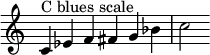  {
\override Score.TimeSignature #'stencil = ##f
\relative c' {
  \clef treble \time 6/4
  c4^\markup { "C blues scale" } es f fis g bes c2
} }
