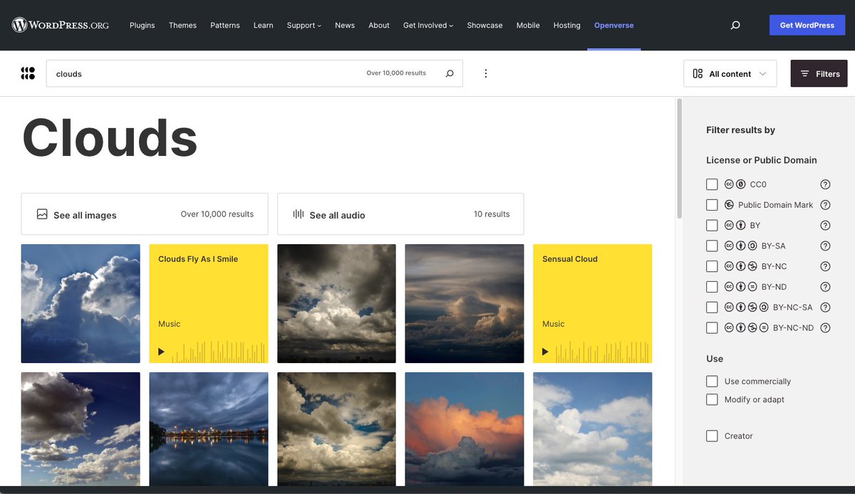 Screenshot of the search results for "Clouds" on Openverse.