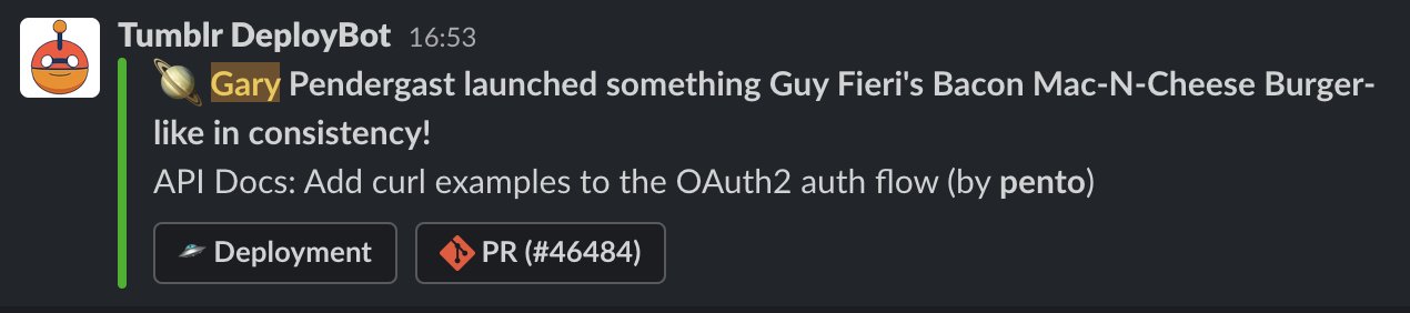 A screenshot of the Tumblr deploy bot in Automattic's Slack, noting that I deployed some changes to the API documentation.