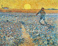 A man is scattering seeds in a ploughed field. The figure is represented as small and is set in the upper right and walking out of the picture. He carries a bag of seed over one shoulder. The ploughed soil is grey; behind it rises a standing crop and, in the left distance, a farmhouse. In the centre of the horizon is a giant yellow rising sun with emanating yellow rays. A path leads into the picture, and birds are swooping down.