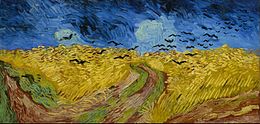 An expansive painting of a wheatfield, with a footpath going through the centre underneath dark and forbidding skies, through which a flock of black crows fly.