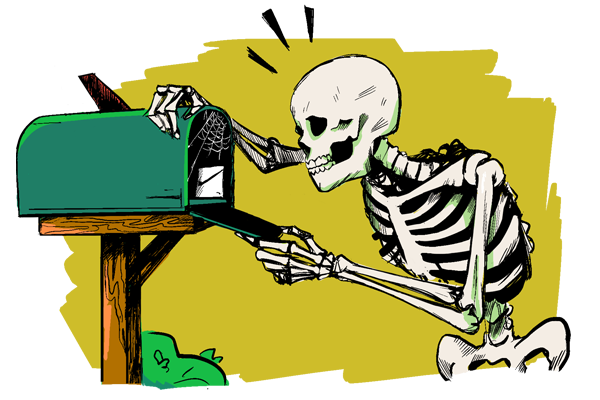 a skeleton opening a mailbox