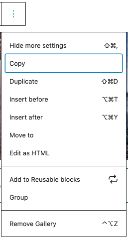 Image showing the more options of the Gallery block. 