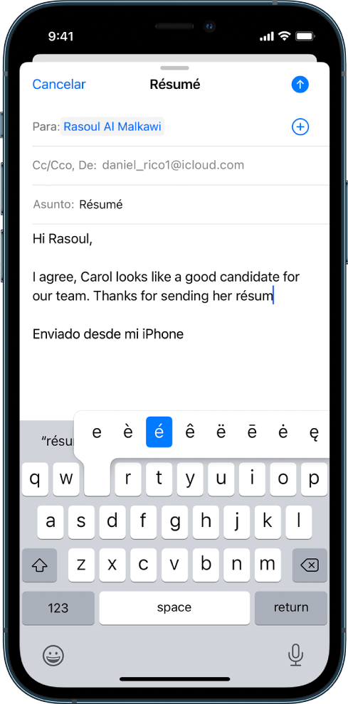 Una pantalla mostrando un correo que se escribe. El teclado está abierto y muestra caracteres con acentos alternativos que se muestran cuando se mantiene presionada la tecla E.