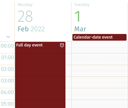 A screenshot of calendar software showing a visual difference between one calendar event spanning 24 hours, and a second all-day event the next day.