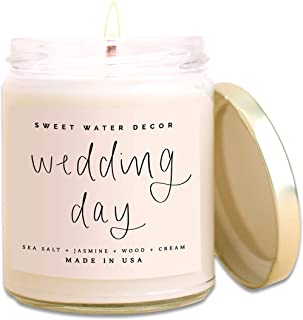 Sweet Water Decor, Wedding Day, Sea Salt, Jasmine, Cream, and Wood Scented Soy Wax Candle for Home | 9oz Clear Jar, 40 Hou...