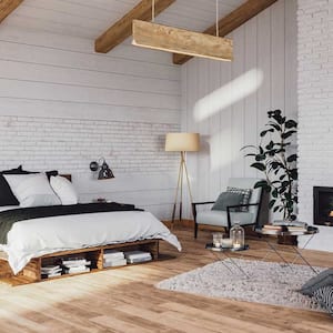 Scandinavian style bedroom with white brick fireplace