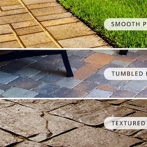 Pictures of three types of pavers: Textured pavers, smooth pavers, and tumbled pavers.