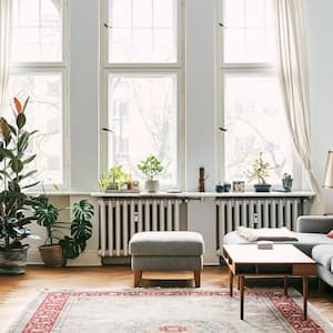 A bright living room with large windows