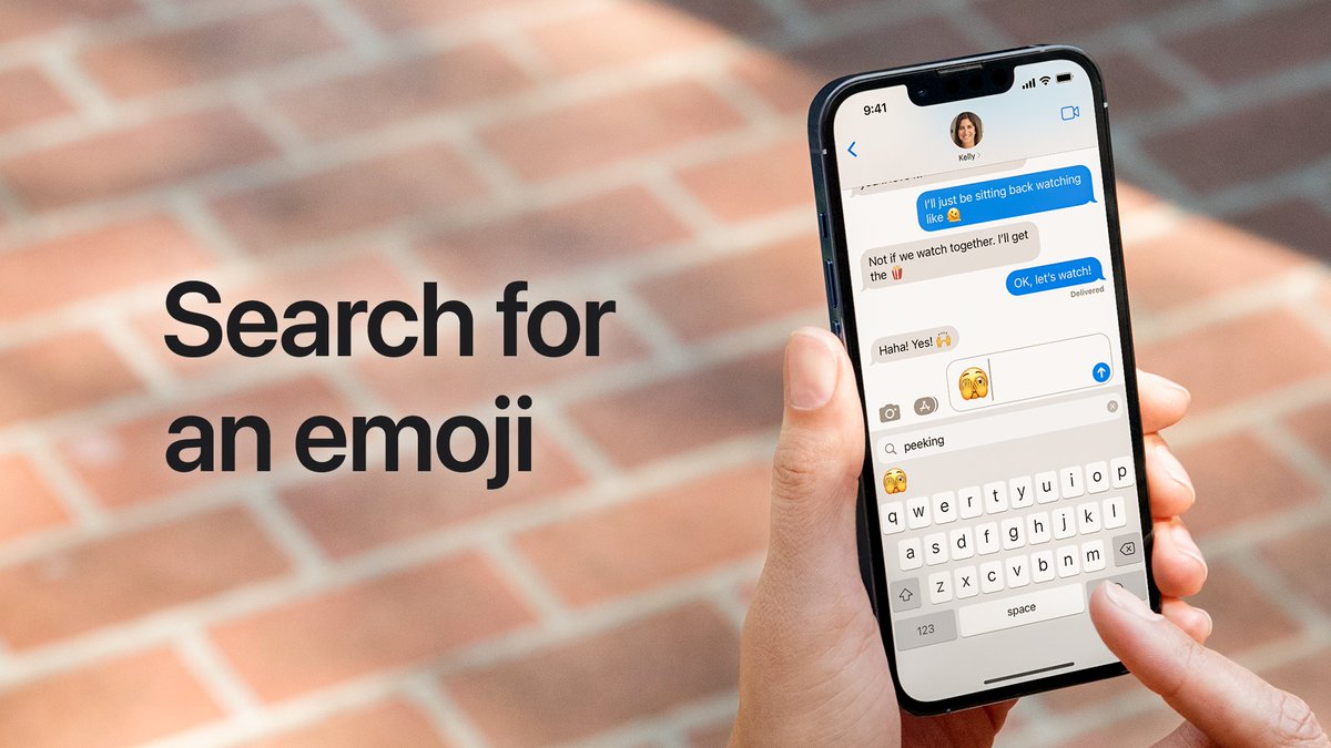 How to search for an emoji while using the keyboard. Someone is responding to a message on their iPhone with an emoji that they searched for.