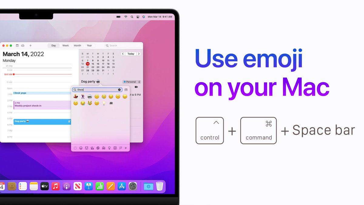 To use emoji on your Mac, press Control, Command, and the Space bar to open the Character Viewer. Calendar is open to a new event titled “Dog party” with a disco ball emoji. 