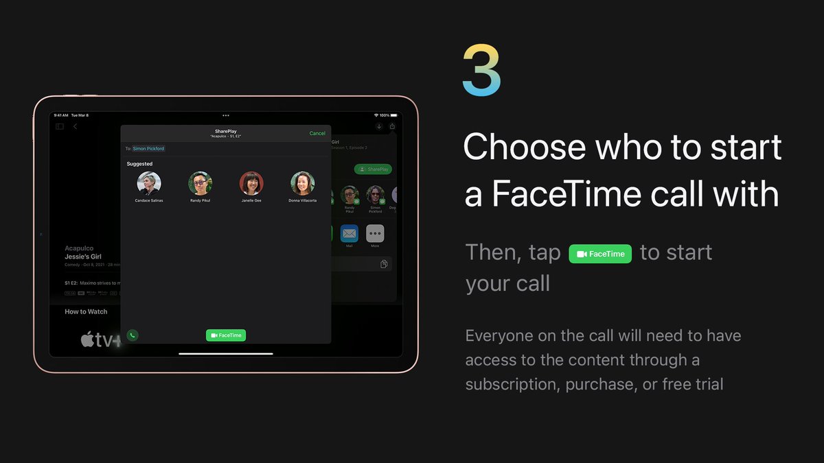 Step 3:
Choose a contact. Then, tap the FaceTime button at the bottom of the screen to start your call. Everyone on the call will need to have access to the content through a subscription, purchase, or free trial.